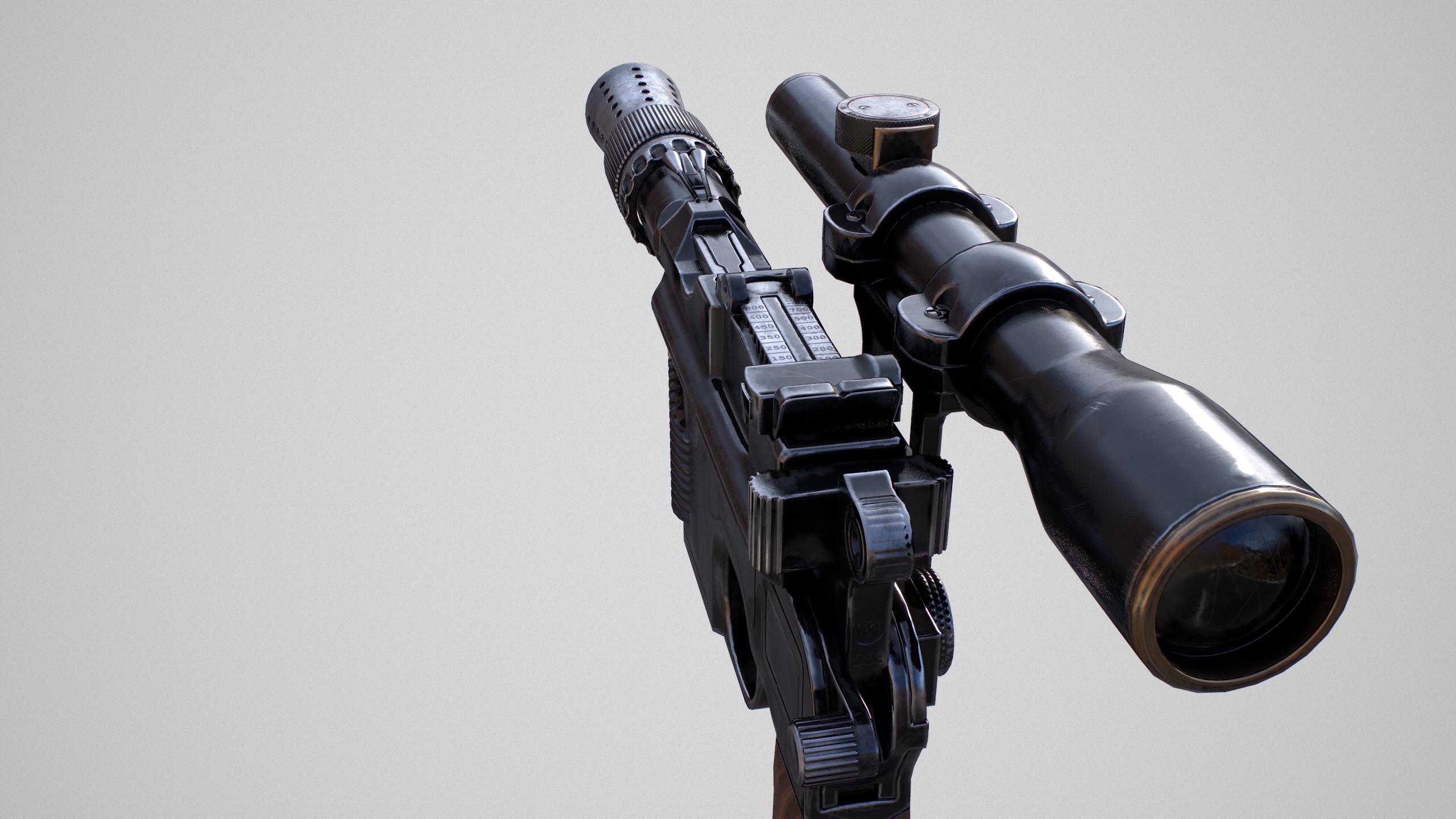 Render looking down the sights of a DL-44 blaster
